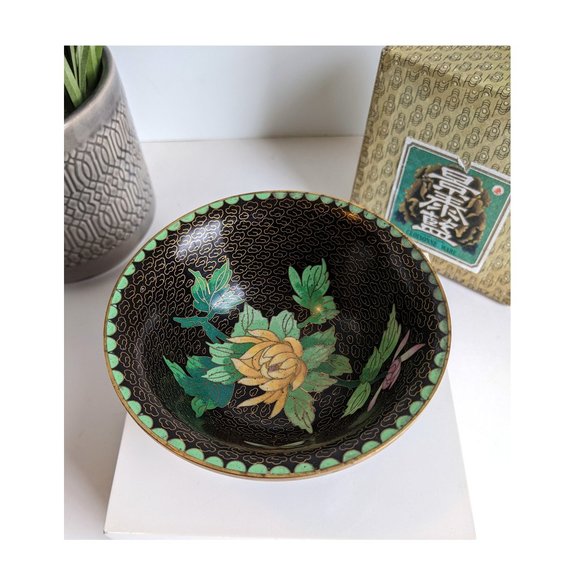 Mid Century Chinese Zi Jin Cheng Cloisonne Bowl with Brass Rims Stand & Box - Picture 3 of 9